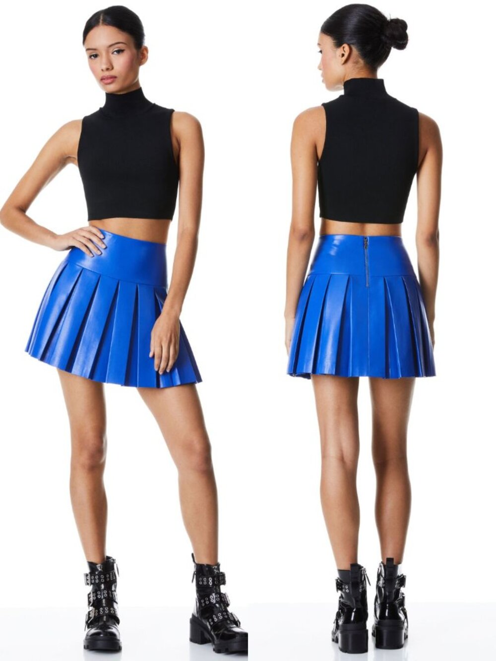 Alice + Olivia Emilie Vegan Leather Box Pleated Mini Skirt Size 6 | Royalty Blue